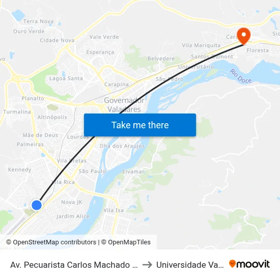 Av. Pecuarista Carlos Machado Rangel, 267 | Depósito Castanheiras to Universidade Vale Do Rio Doce - Ceu map
