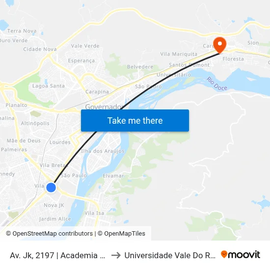Av. Jk, 2197 | Academia Espaço Físico to Universidade Vale Do Rio Doce - Ceu map