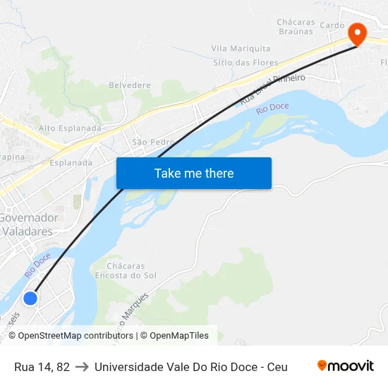Rua 14, 82 to Universidade Vale Do Rio Doce - Ceu map