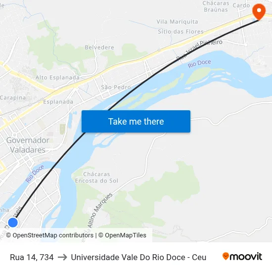Rua 14, 734 to Universidade Vale Do Rio Doce - Ceu map
