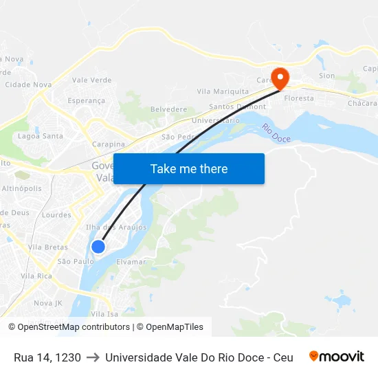 Rua 14, 1230 to Universidade Vale Do Rio Doce - Ceu map