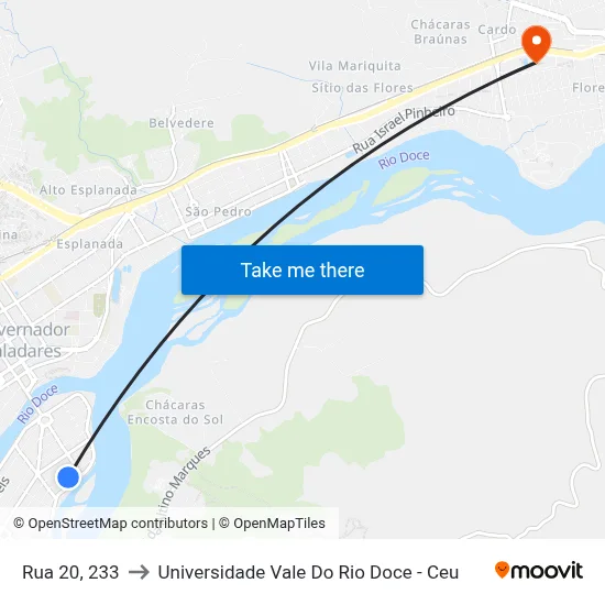 Rua 20, 233 to Universidade Vale Do Rio Doce - Ceu map