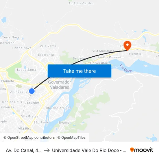Av. Do Canal, 410 to Universidade Vale Do Rio Doce - Ceu map