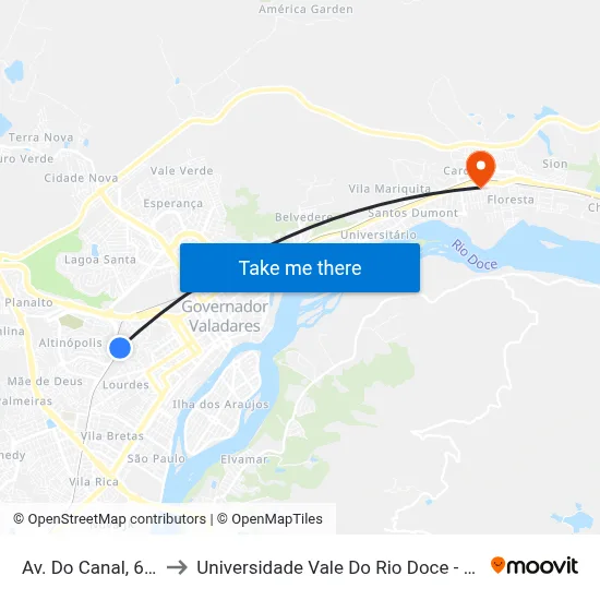 Av. Do Canal, 620 to Universidade Vale Do Rio Doce - Ceu map