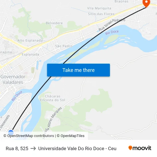 Rua 8, 525 to Universidade Vale Do Rio Doce - Ceu map