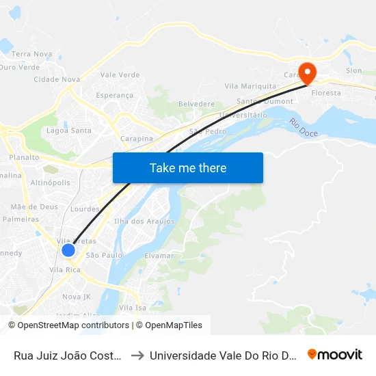 Rua Juiz João Costa, 3600 to Universidade Vale Do Rio Doce - Ceu map