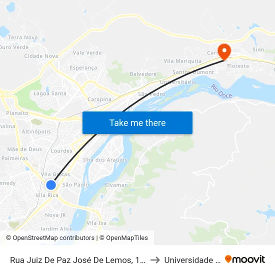 Rua Juiz De Paz José De Lemos, 1370 | Empresa Valadarense De Transportes Coletivos to Universidade Vale Do Rio Doce - Ceu map