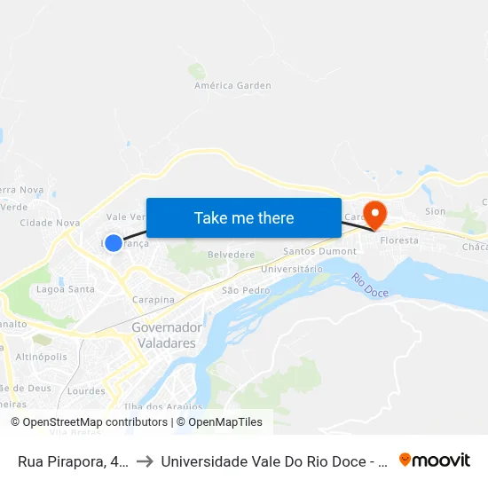 Rua Pirapora, 411 to Universidade Vale Do Rio Doce - Ceu map