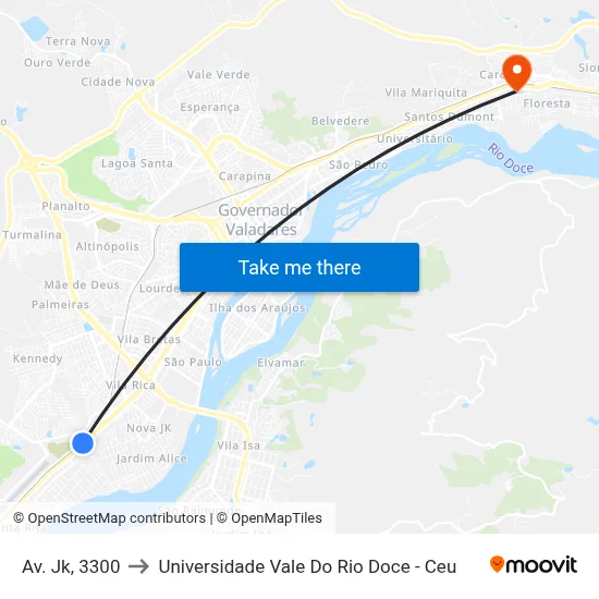 Av. Jk, 3300 to Universidade Vale Do Rio Doce - Ceu map