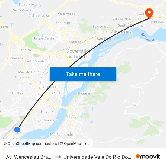 Av. Wenceslau Braz, 970 to Universidade Vale Do Rio Doce - Ceu map