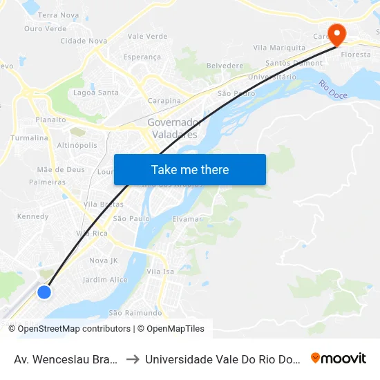 Av. Wenceslau Braz, 760 to Universidade Vale Do Rio Doce - Ceu map