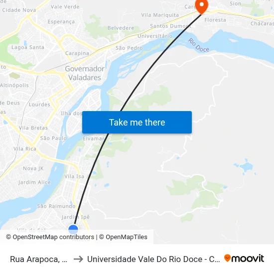 Rua Arapoca, 39 to Universidade Vale Do Rio Doce - Ceu map