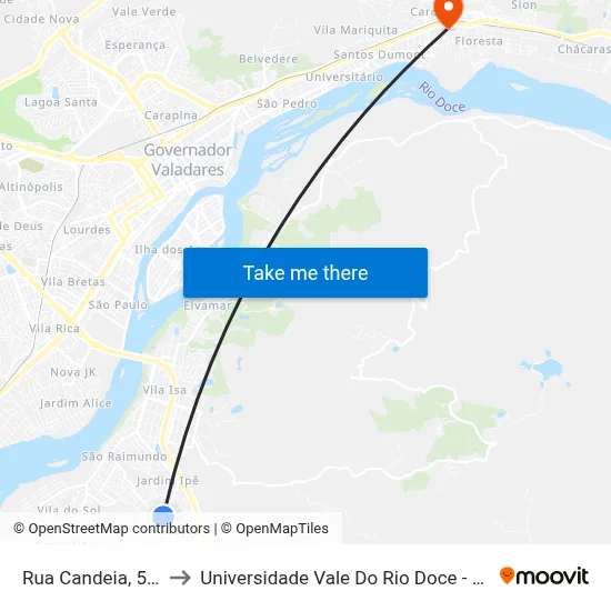 Rua Candeia, 530 to Universidade Vale Do Rio Doce - Ceu map