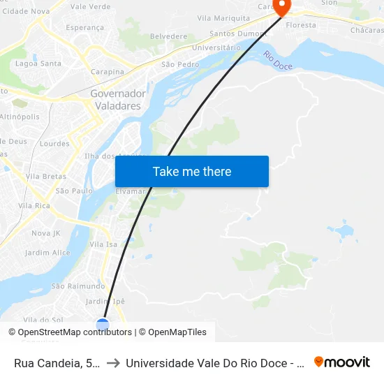 Rua Candeia, 529 to Universidade Vale Do Rio Doce - Ceu map