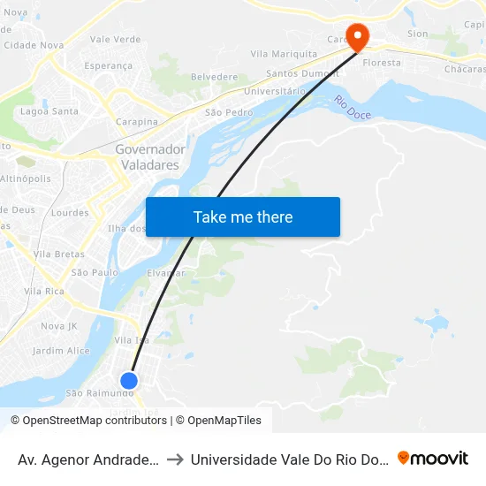 Av. Agenor Andrade, 1750 to Universidade Vale Do Rio Doce - Ceu map