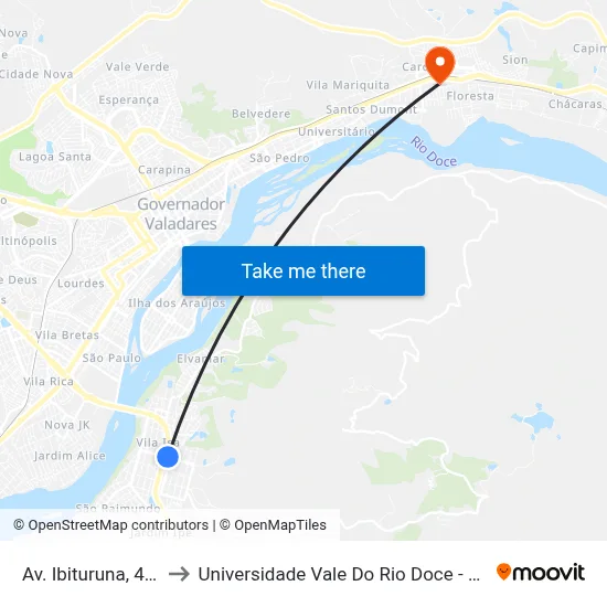 Av. Ibituruna, 475 to Universidade Vale Do Rio Doce - Ceu map