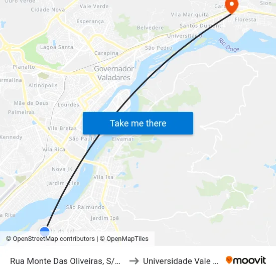 Rua Monte Das Oliveiras, S/N - Governador Valadares to Universidade Vale Do Rio Doce - Ceu map