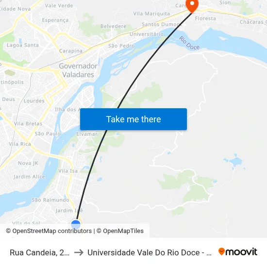 Rua Candeia, 253 to Universidade Vale Do Rio Doce - Ceu map