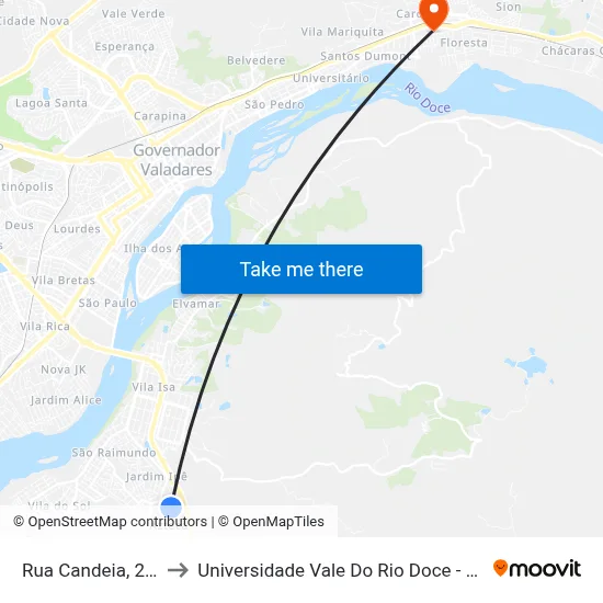 Rua Candeia, 218 to Universidade Vale Do Rio Doce - Ceu map