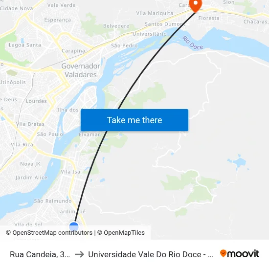 Rua Candeia, 381 to Universidade Vale Do Rio Doce - Ceu map