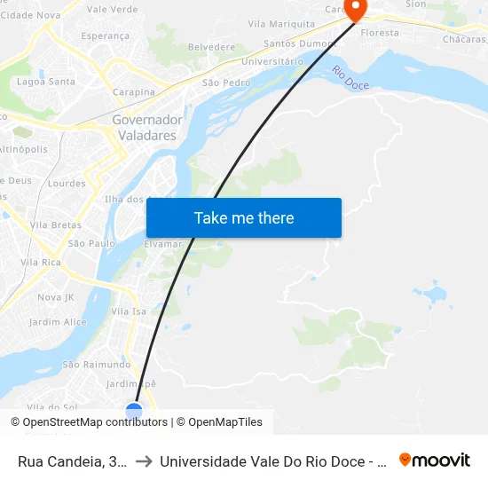 Rua Candeia, 382 to Universidade Vale Do Rio Doce - Ceu map