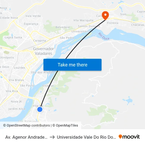 Av. Agenor Andrade, 1195 to Universidade Vale Do Rio Doce - Ceu map