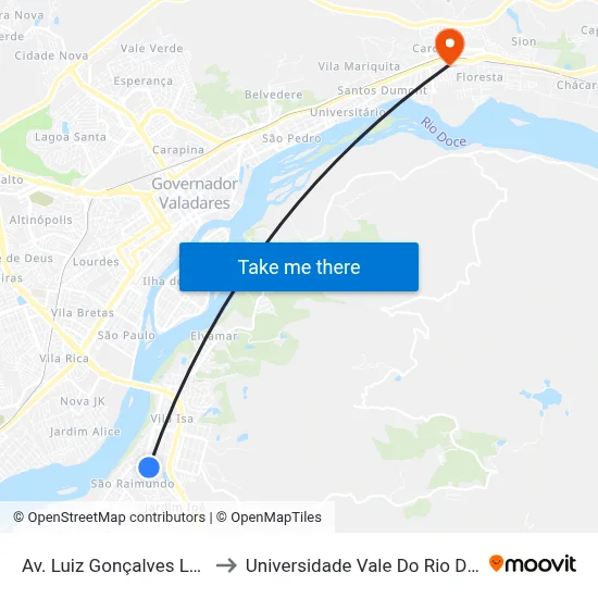 Av. Luiz Gonçalves Lessa, 22 to Universidade Vale Do Rio Doce - Ceu map