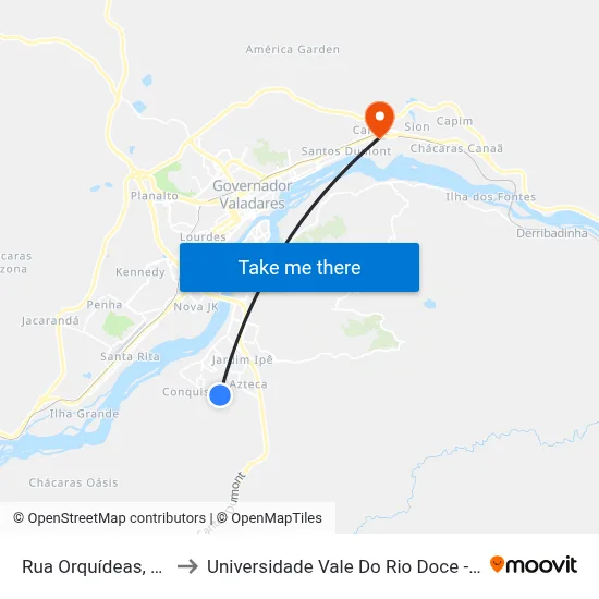 Rua Orquídeas, 158 to Universidade Vale Do Rio Doce - Ceu map