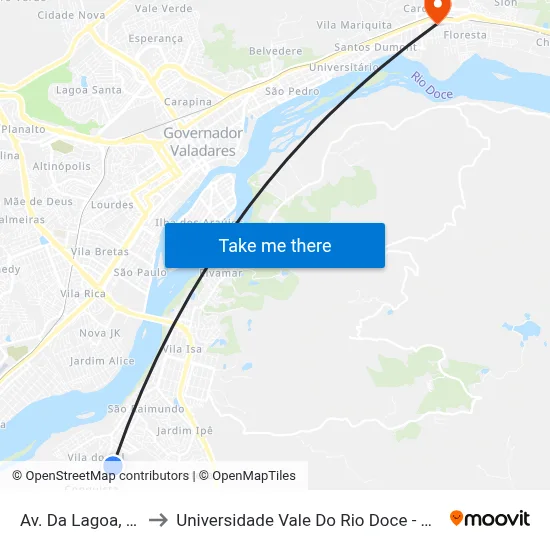 Av. Da Lagoa, 55 to Universidade Vale Do Rio Doce - Ceu map
