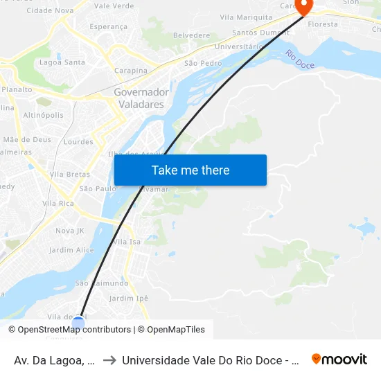 Av. Da Lagoa, 50 to Universidade Vale Do Rio Doce - Ceu map
