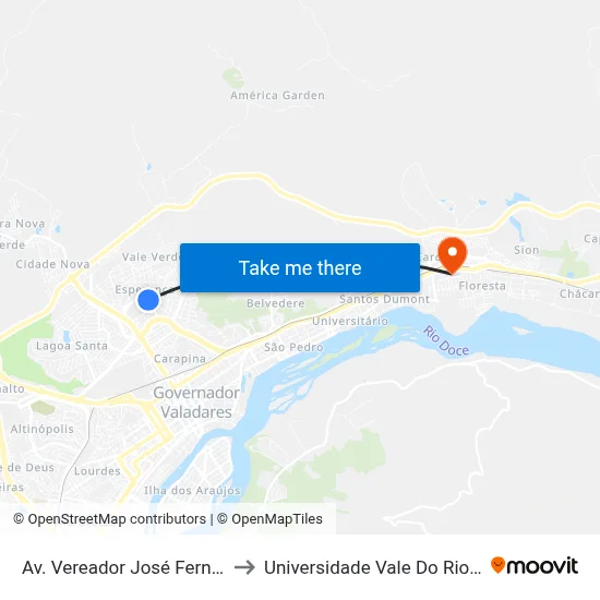 Av. Vereador José Fernandes, 367 to Universidade Vale Do Rio Doce - Ceu map