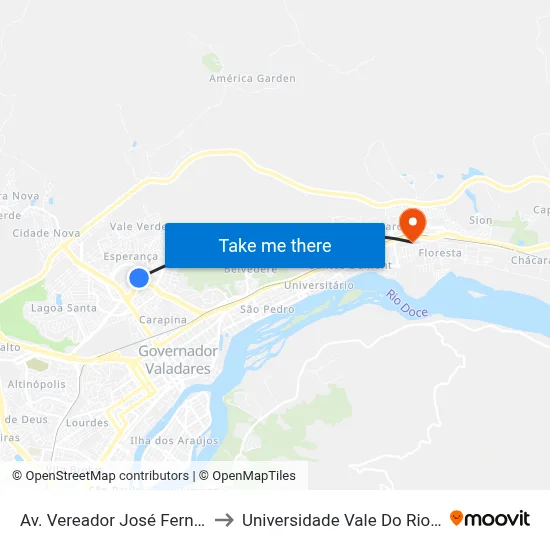 Av. Vereador José Fernandes, 119 to Universidade Vale Do Rio Doce - Ceu map