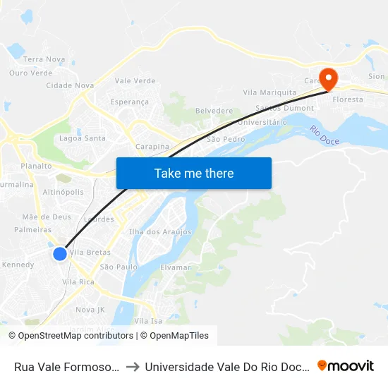 Rua Vale Formoso, 135 to Universidade Vale Do Rio Doce - Ceu map