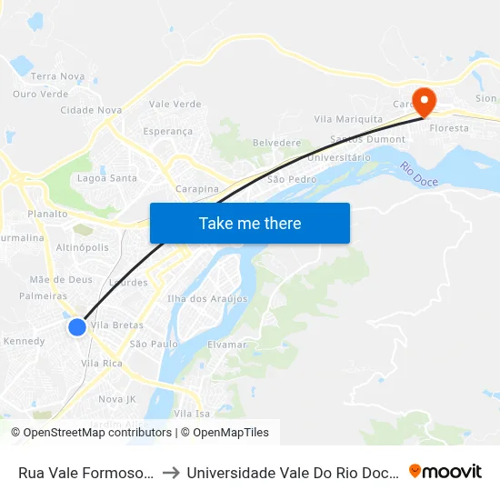 Rua Vale Formoso, 138 to Universidade Vale Do Rio Doce - Ceu map