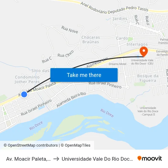 Av. Moacir Paleta, 336 to Universidade Vale Do Rio Doce - Ceu map
