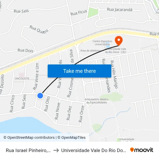 Rua Israel Pinheiro, 1630 to Universidade Vale Do Rio Doce - Ceu map