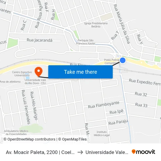 Av. Moacir Paleta, 2200 | Coelho Materiais De Construção to Universidade Vale Do Rio Doce - Ceu map