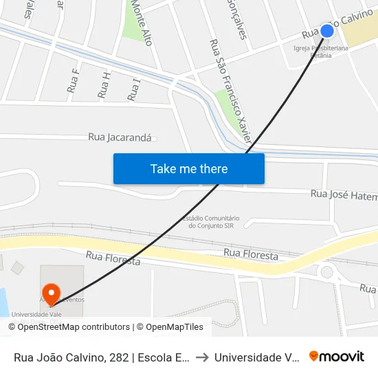 Rua João Calvino, 282 | Escola Estadual Dr. Antônio Ferreira Lisboa Dias to Universidade Vale Do Rio Doce - Ceu map