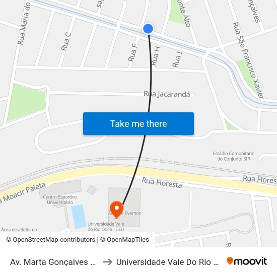 Av. Marta Gonçalves Reis, 105 to Universidade Vale Do Rio Doce - Ceu map