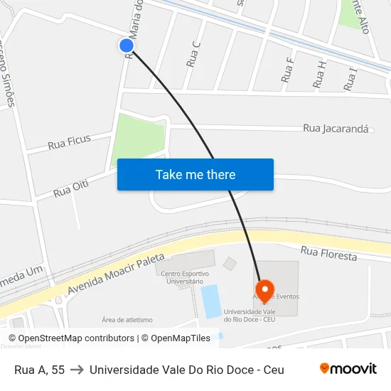 Rua A, 55 to Universidade Vale Do Rio Doce - Ceu map