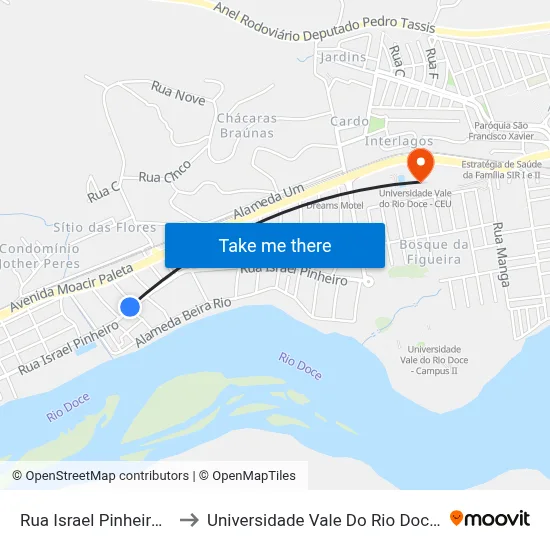 Rua Israel Pinheiro, 831 to Universidade Vale Do Rio Doce - Ceu map