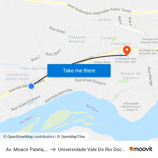 Av. Moacir Paleta, 106 to Universidade Vale Do Rio Doce - Ceu map