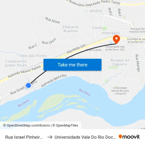 Rua Israel Pinheiro, 560 to Universidade Vale Do Rio Doce - Ceu map