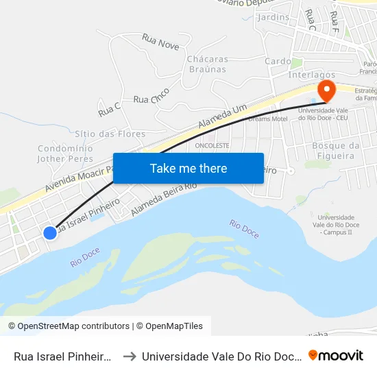 Rua Israel Pinheiro, 200 to Universidade Vale Do Rio Doce - Ceu map