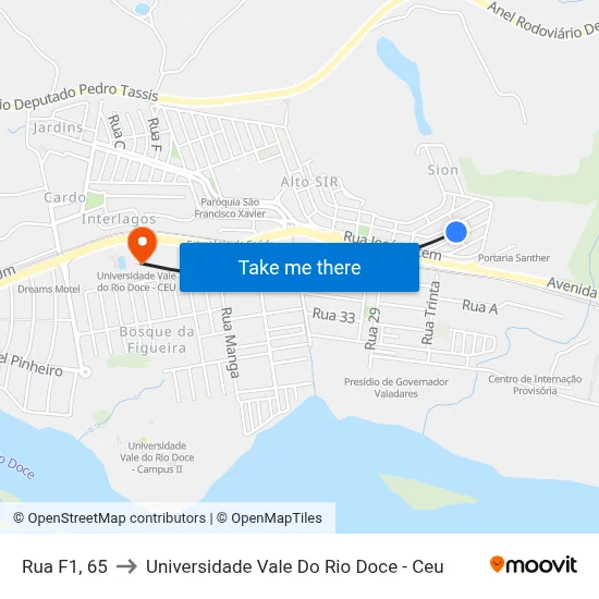Rua F1, 65 to Universidade Vale Do Rio Doce - Ceu map