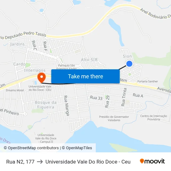 Rua N2, 177 to Universidade Vale Do Rio Doce - Ceu map