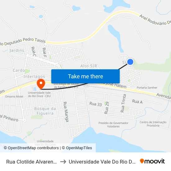 Rua Clotilde Alvarenga, 116 to Universidade Vale Do Rio Doce - Ceu map