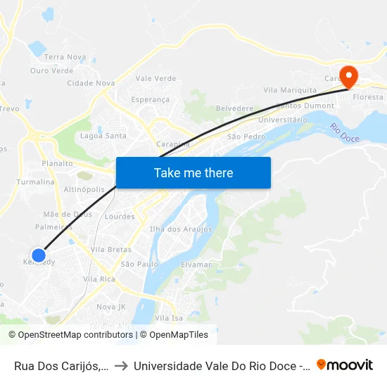 Rua Dos Carijós, 74 to Universidade Vale Do Rio Doce - Ceu map