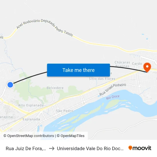 Rua Juiz De Fora, 596 to Universidade Vale Do Rio Doce - Ceu map