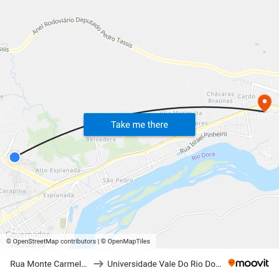 Rua Monte Carmelo, 127 to Universidade Vale Do Rio Doce - Ceu map